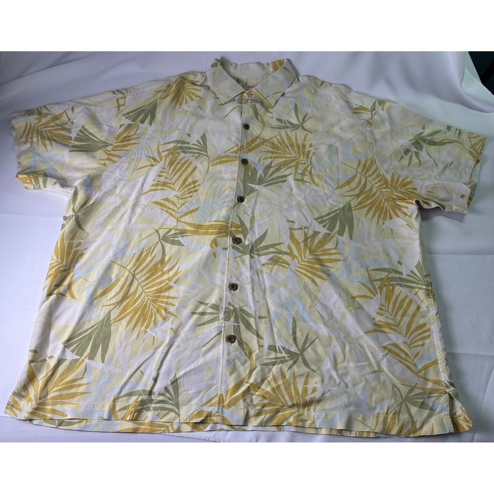 Tommy Bahama Silk Button‎ Up Shirt Tropical Palm Leaf Print Sz 2XL Men Hawaiian